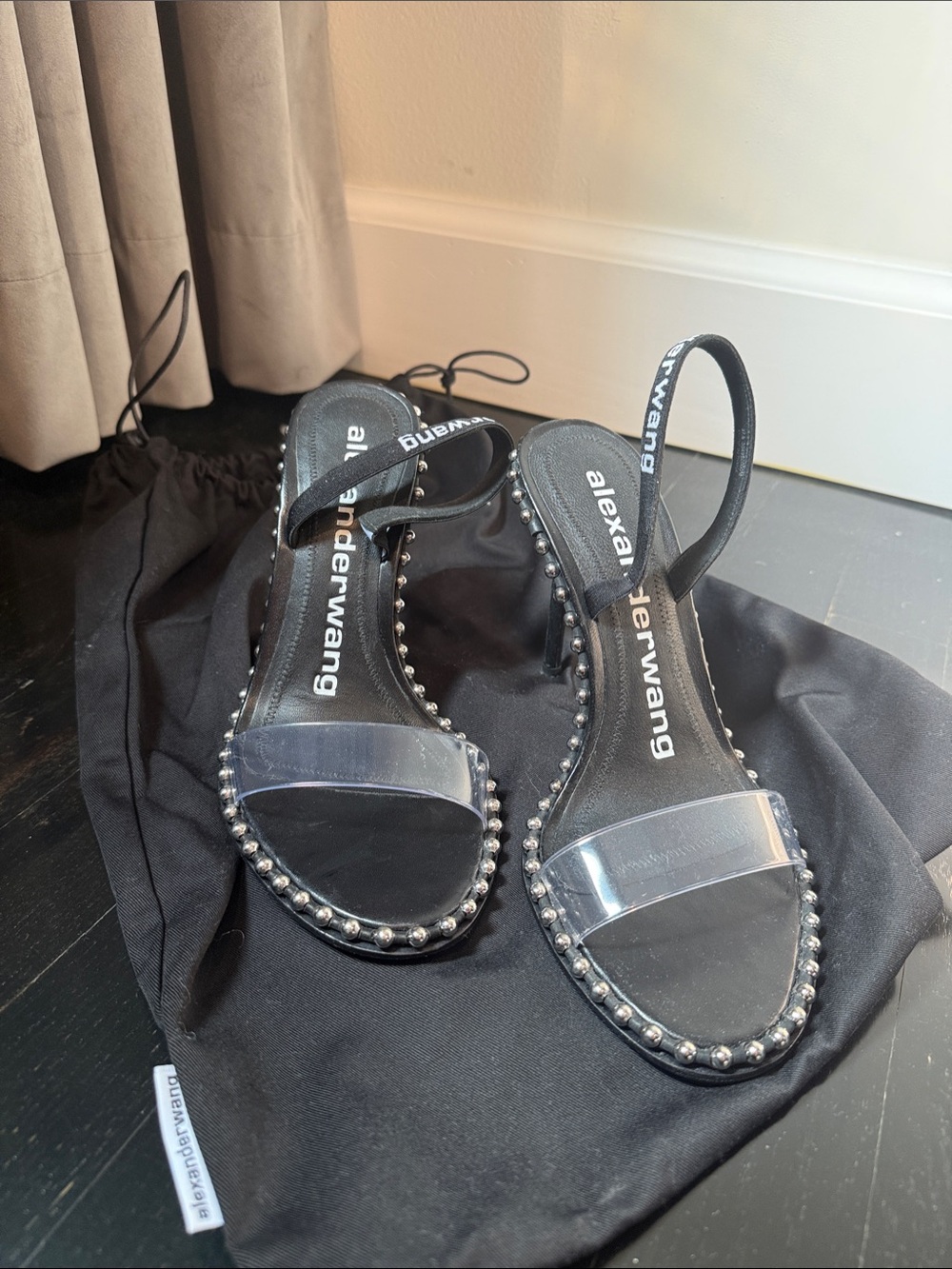 Alexander Wang Black Slingback Sandals with Clear Toe Strap and Silver Stud Trim